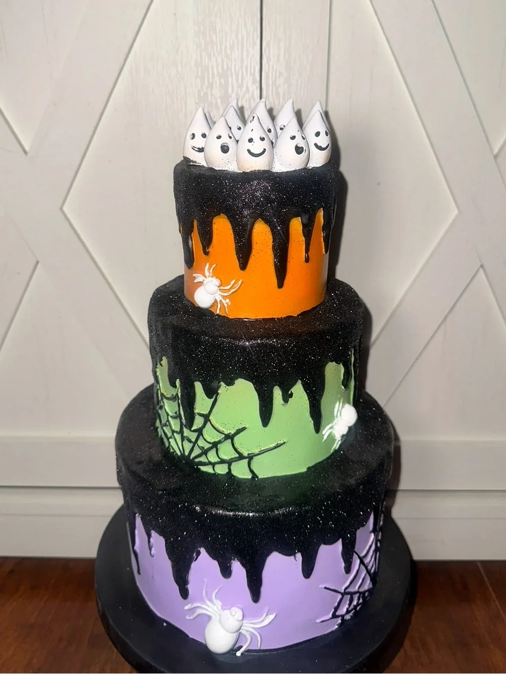 Candy Corn Lane Halloween Large 3 Tiered Cake Decor on Pedestal